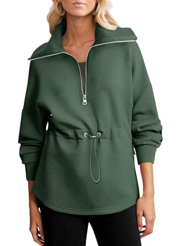 Dokotoo Sweatshirt for Women Oversized Casual Long Sleeve Sweaters Half Zip Drawstring Waist Cute Sweatshirts Hoodies Zipper Pullover Comfy Fall Fashion Outfits Clothes 2025 Dark Green Large | Amazon (US)
