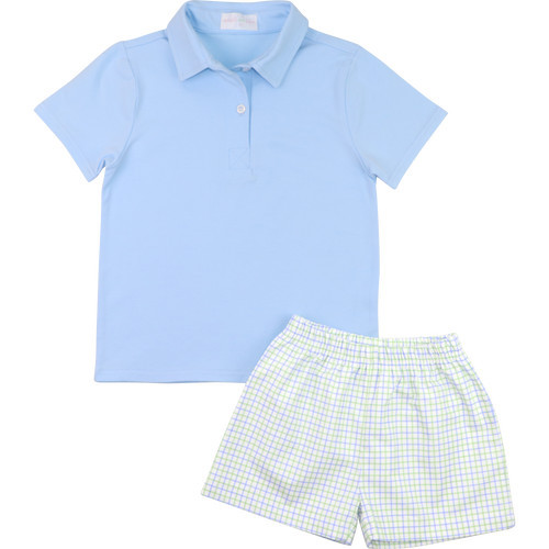 Blue And Green Windowpane Polo Short Set | Cecil and Lou