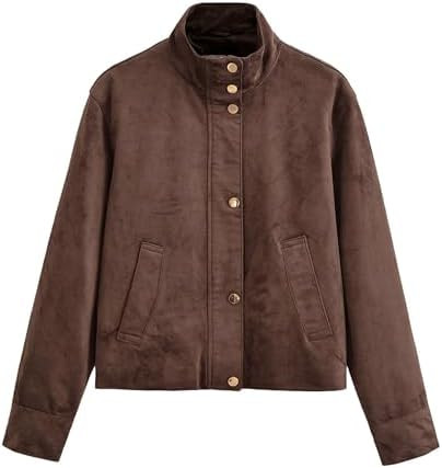Xunger Women's Casual Faux Suede Jacket High Neck Utility Button Front Coat Streetwear Outerwear ... | Amazon (US)