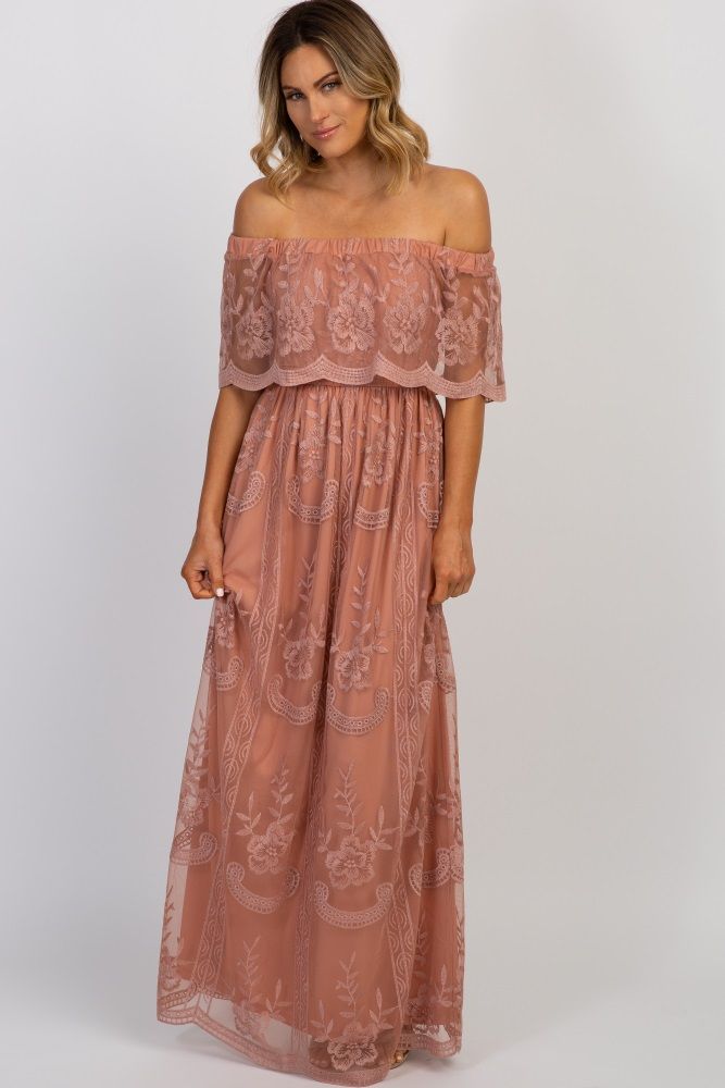 Light Pink Lace Mesh Overlay Off Shoulder Maxi Dress | PinkBlush Maternity