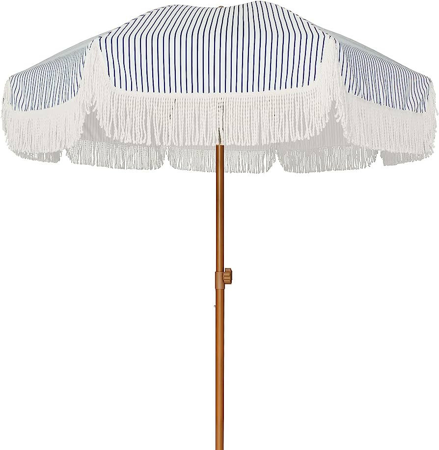 AMMSUN 7ft Patio Umbrella with Fringe Outdoor Tassel Umbrella UPF50+ Wood Color Steel Pole and St... | Amazon (US)