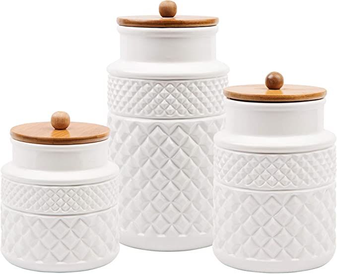 American Recreations Embossed Faceted Canister White Ceramic Set of 3 Round Jars with for Kitchen... | Amazon (US)