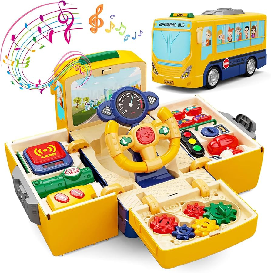 HONGTUO School Bus Toy with Sound and Light Simulation Steering Wheel Driving Toy Toddlers School... | Amazon (US)