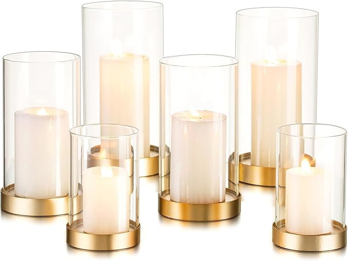 Hewory Hurricane Candle Holder for Pillar Candles: Gold Votive Candle Holders Set of 6, Glass Hur... | Amazon (US)