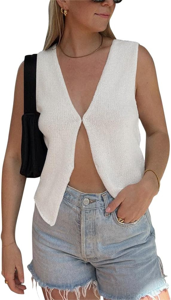BZB Sweater Tank Tops for Women 2024 Summer Basic V Neck Crochet Knit Vest Sexy Button Casual Y2k... | Amazon (US)