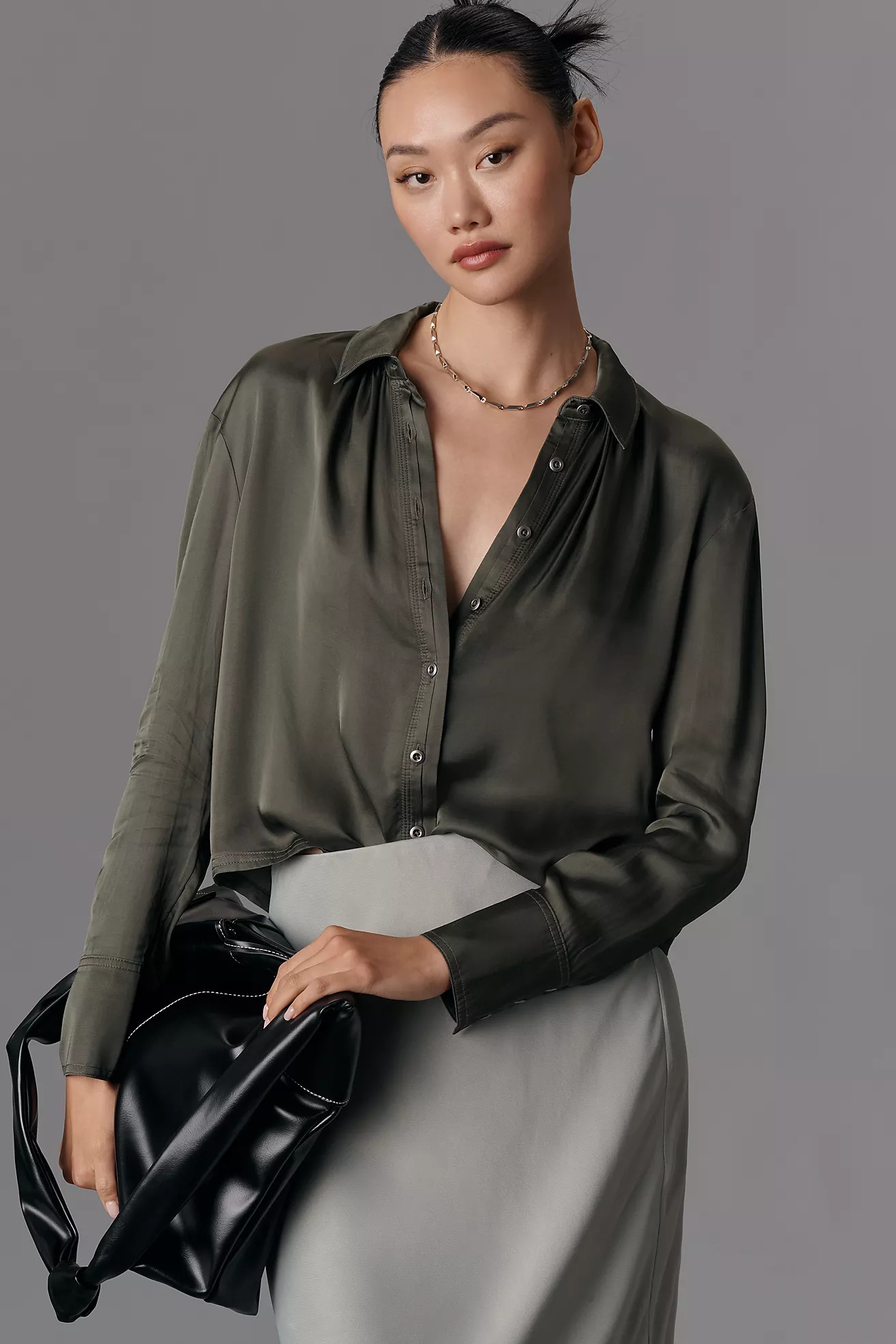 Pilcro Cropped Satin Buttondown Blouse | Anthropologie (US)
