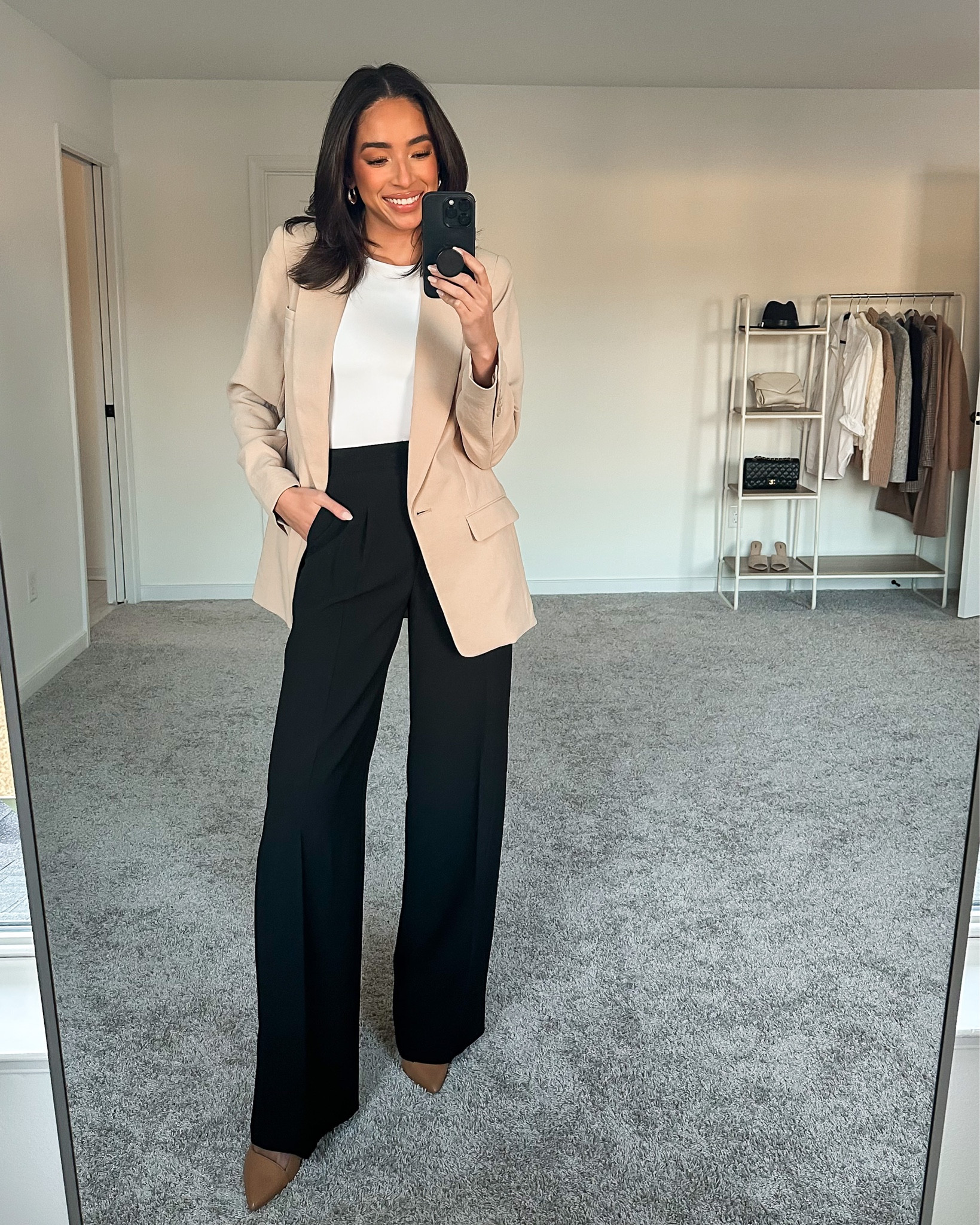 Express tops are 30% off! Love the tan, white, and black color combination for Spring!

Sizing: 
Blazer: Small (relaxed fit, lightweight material)
Bodysuit: XS (TTS)
Wide leg pants: 0 Long (TTS)


#workwear #workoutfit #businesscasual #springworkoutfit

#LTKunder100 #LTKstyletip #LTKworkwear