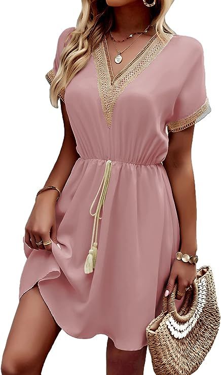 PRETTYGARDEN Women's Casual Summer Dresses Trimmed Short Sleeve V Neck Tie Front Flowy Dress | Amazon (US)