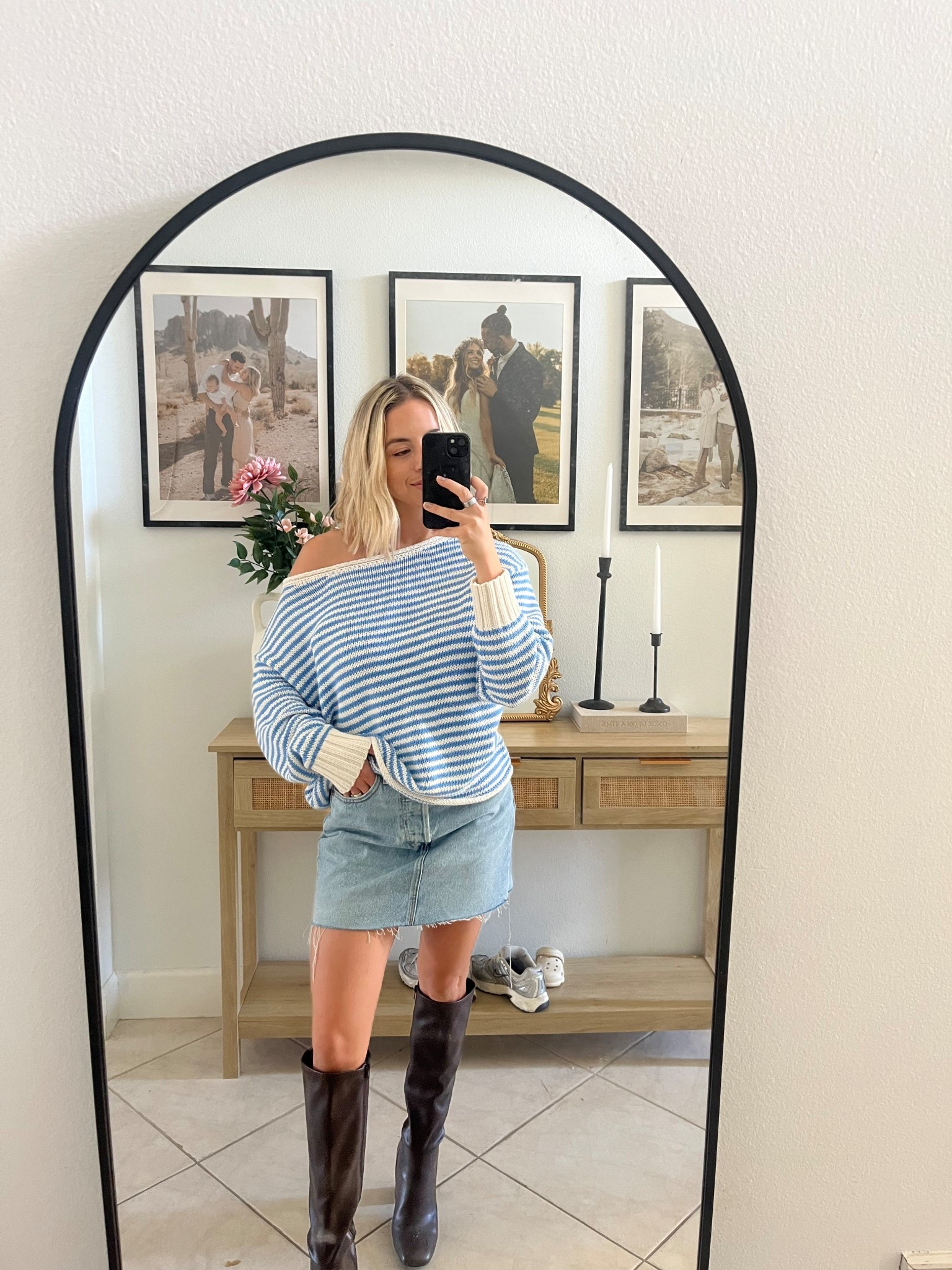 spring outfits date night . Off shoulder sweater and Levi’s skirt with knee high brown boots!

#LTKSpringSale #LTKPetite #LTKootd