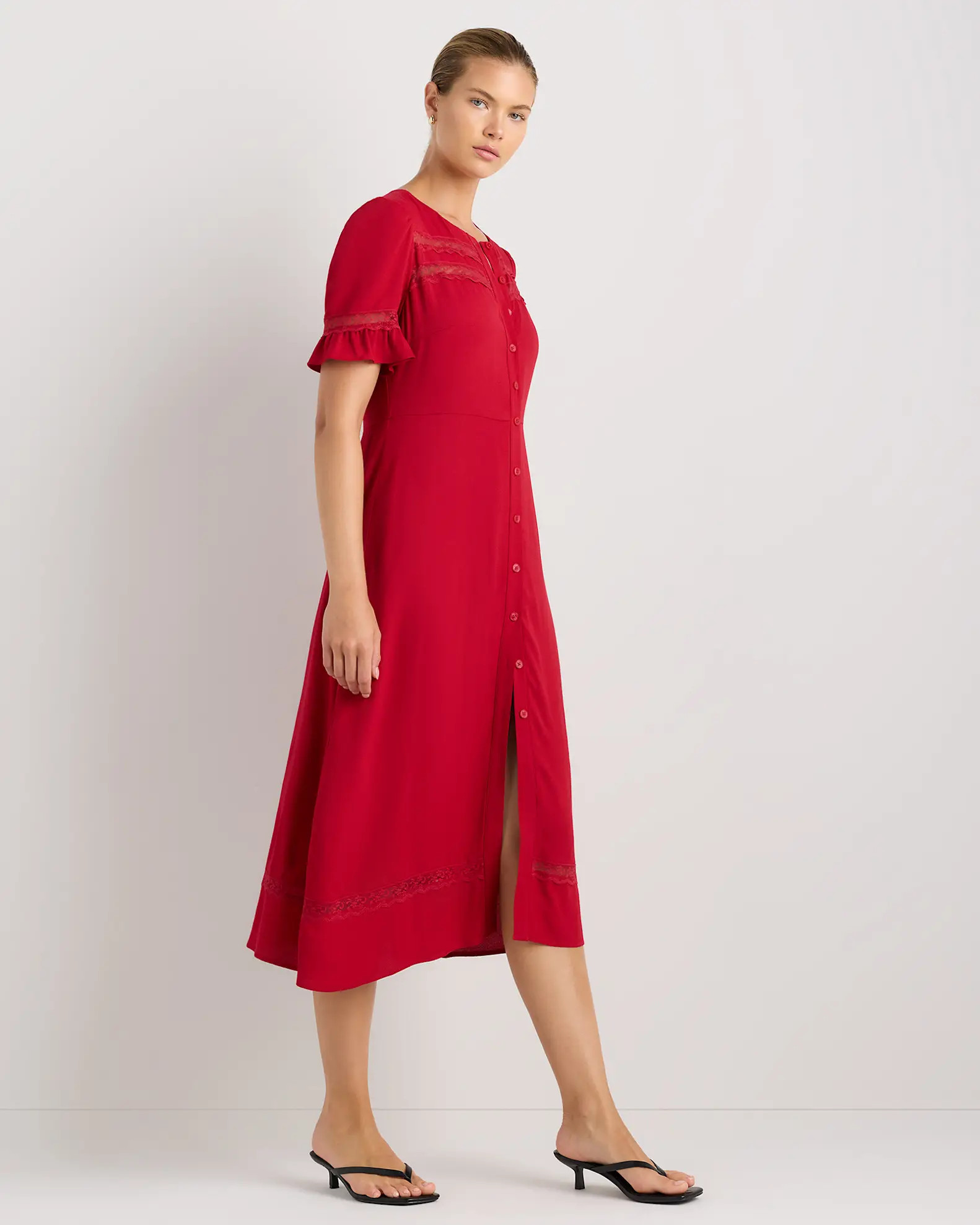 Lightweight Crepe Lace Inset Midi Dress in Ruby Red | Quince