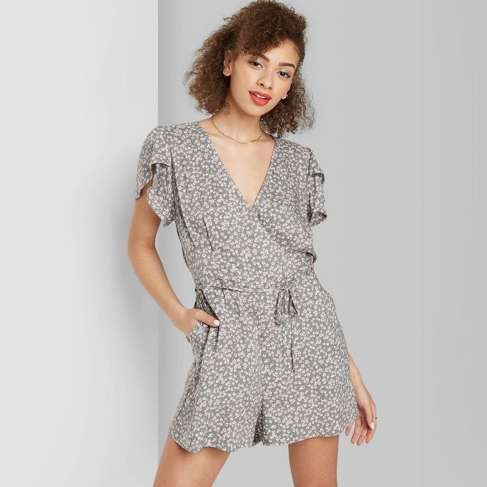 Women's Floral Print Short Sleeve Wrap Romper - Wild Fable™ | Target