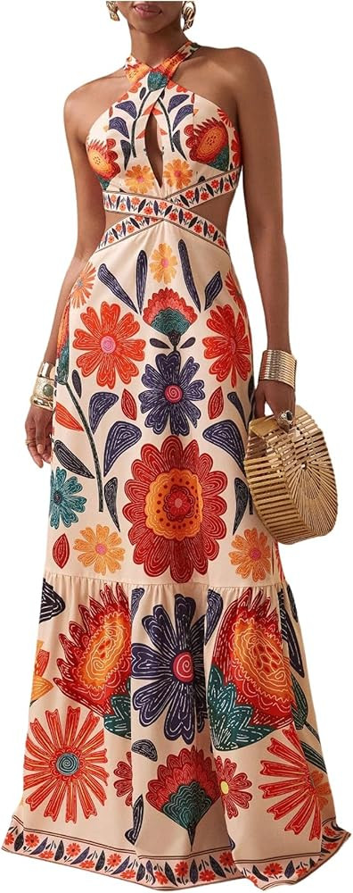 Floerns Women's Summer Floral Maxi Dress Cut Out Halter Backless Boho Beach Vacation Dresses Beig... | Amazon (US)
