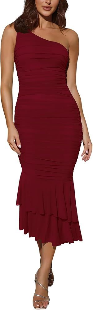 Cosonsen Women's One Shoulder Ruched Bodycon Dress Mermaid Cocktail Wedding Party Dresses | Amazon (US)