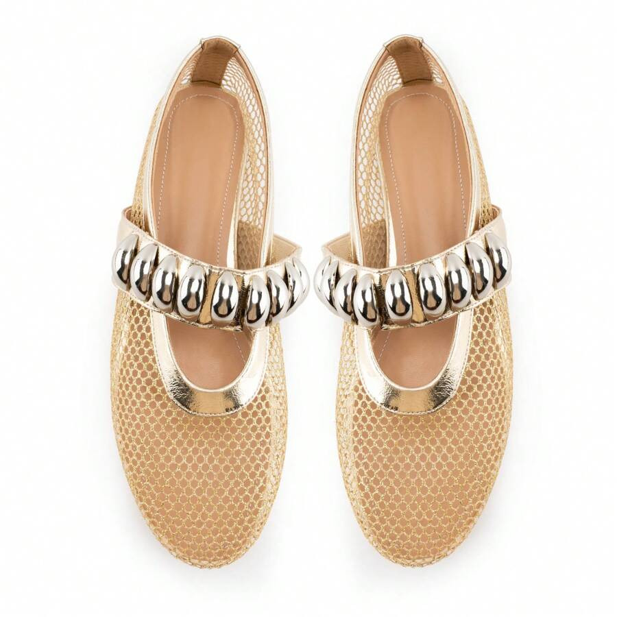 Kylasien Mesh Ballet Flats Rhinestone Buckle Strap Embellished Ballerina Shoes Fishnet Mary Jane ... | SHEIN