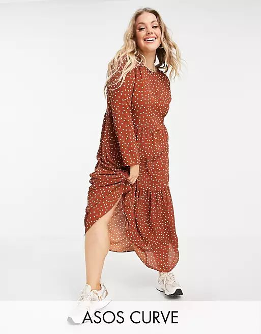 ASOS DESIGN Curve long sleeve tiered smock midi dress in rust polka dot | ASOS (Global)