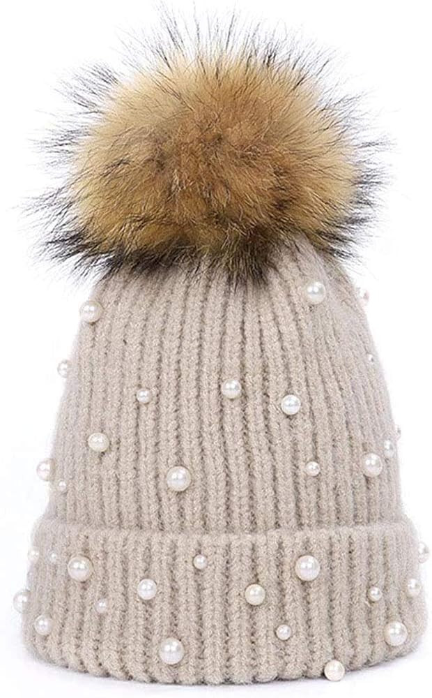 Womens Girls Winter Knitted Beanie Hat Faux Fur Ball Pom Pom Pearls Beaded Trim Hat Warm Cap | Amazon (US)