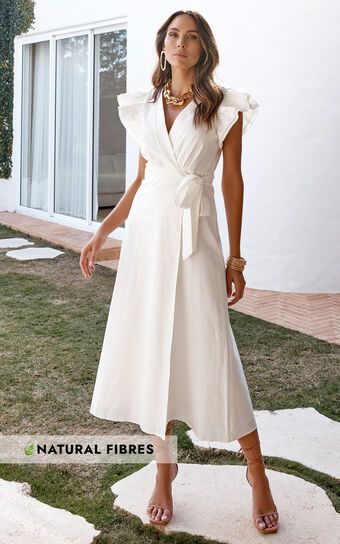 Amalie The Label - Palmer Linen Blend Frill Sleeve Wrap Dress in White | Showpo (US, UK & Europe)