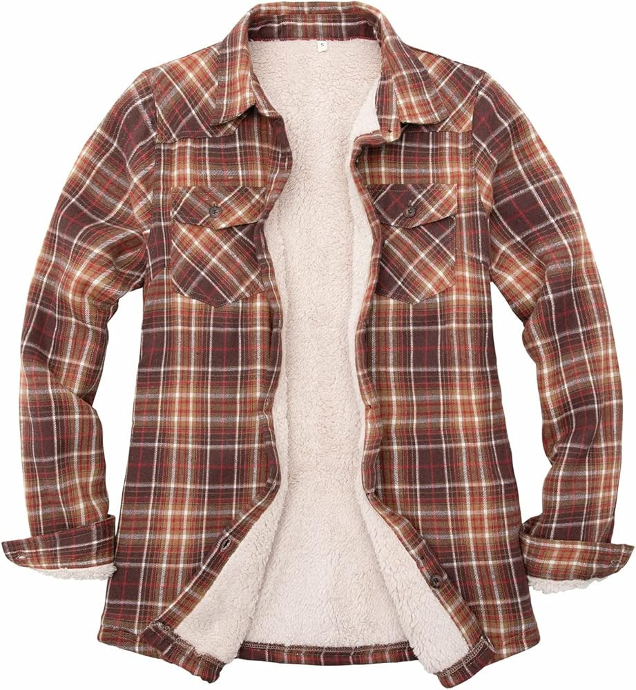 ThCreasa Womens Sherpa Lined Flannel Jacket with Hand Pockets, Plaid Button Down Fuzzy Shirt Jack... | Amazon (US)