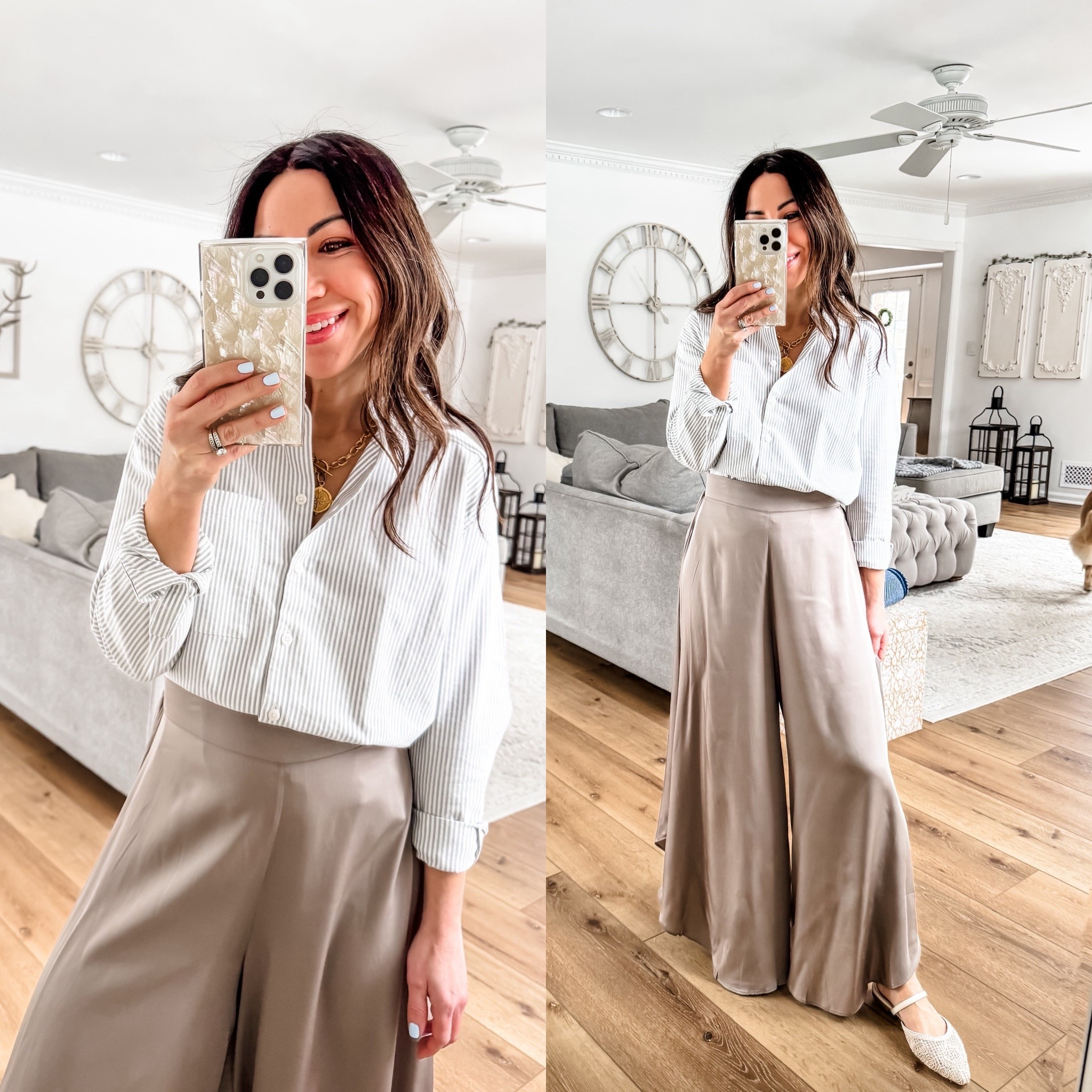 Xs silk pants. Small button-down shirt.

#LTKPetite #LTKOver40 #LTKWorkwear