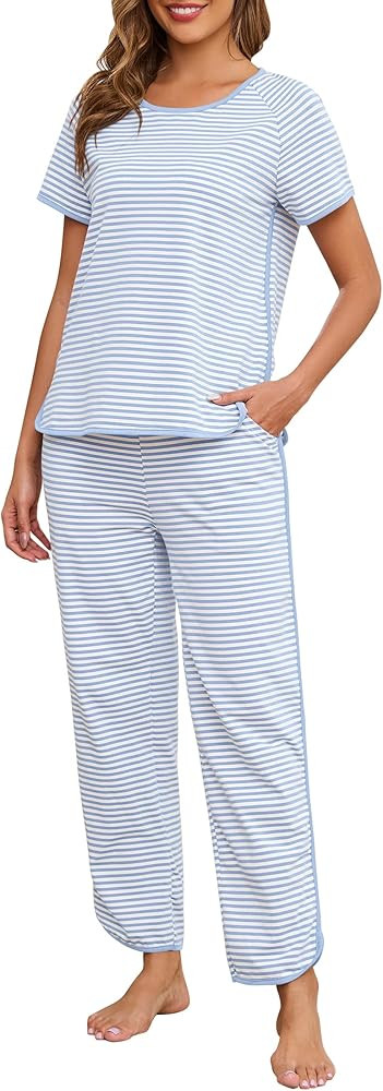 Womens Pajama Sets Cotton 2 Piece Lounge Set Stripe Short Sleeve Pj Set Comfy Loungewear Sleepwea... | Amazon (US)