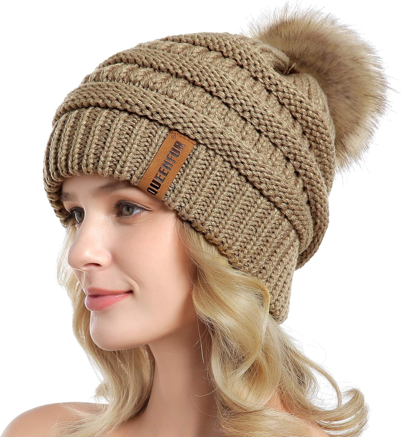 QUEENFUR Women Knit Slouchy Beanie Chunky Baggy Hat with Faux Fur Pompom Winter Soft Warm Ski Cap | Amazon (US)