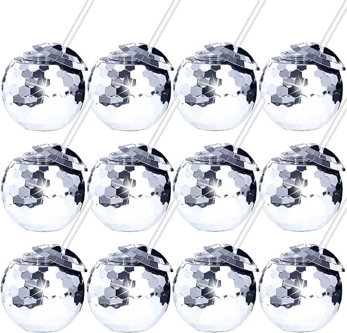 12 PCS Disco Ball Cups Tumbler Disco Flash Ball Cocktail Cup Silver Spherical Cup with Lid and St... | Amazon (US)