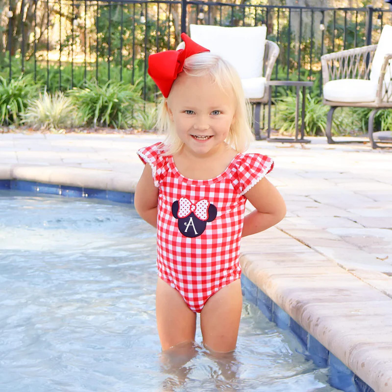 Mouse Ears Applqiue Red Gingham One Piece Swimsuit | Classic Whimsy