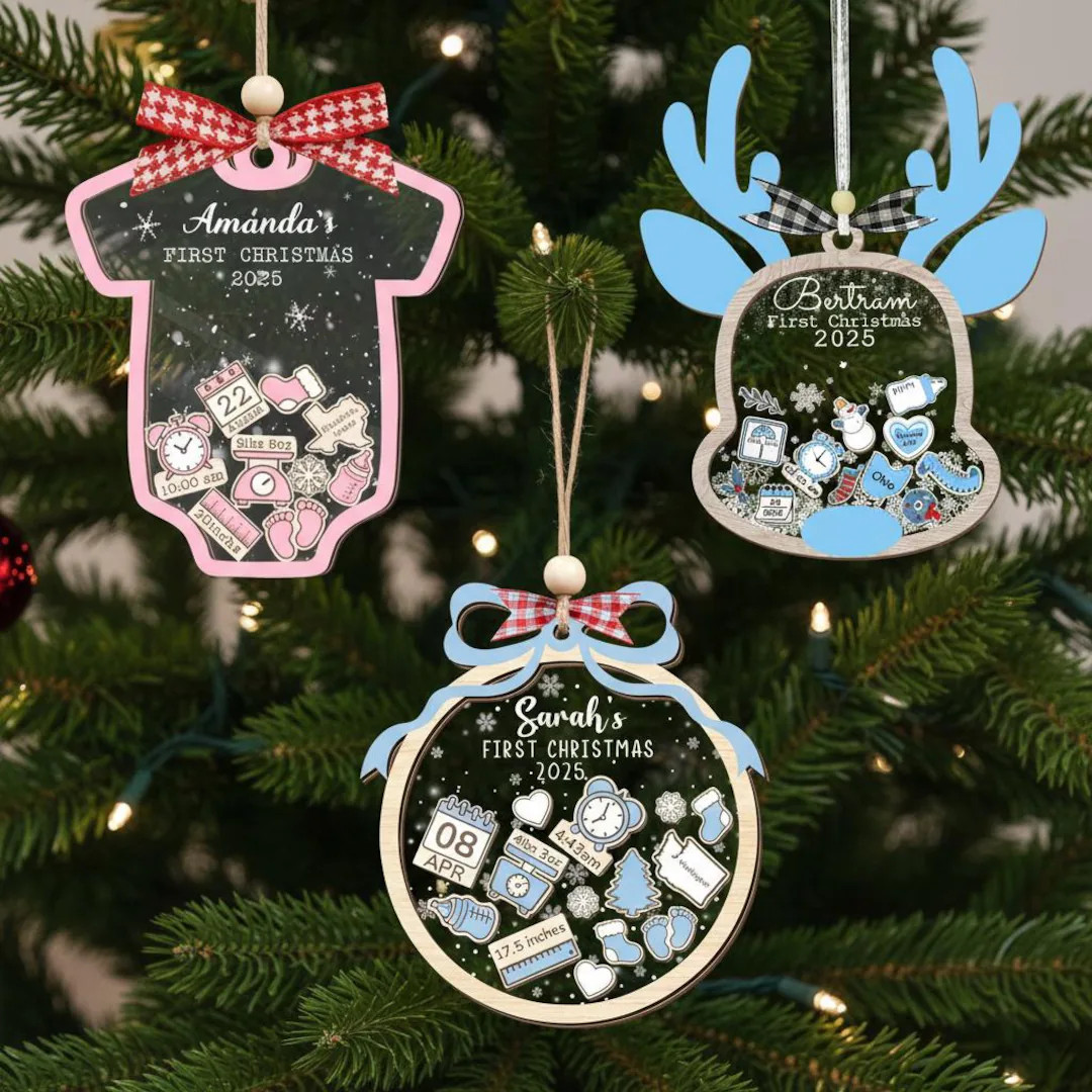 Custom Acrylic Shaker Baby Ornament with Birth Stats and Bow Accent in Mixed Shapes: First Christ... | Etsy (US)
