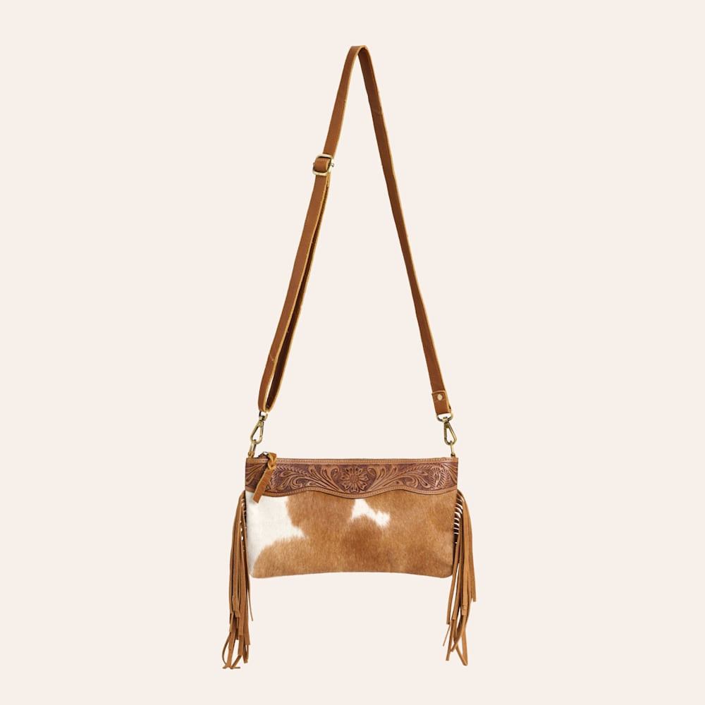 Rockin' C Tan Hair-On Tooled Leather Fringed Crossbody Bag | Cavender's