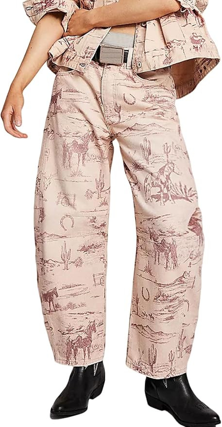 loveimgs Women Boyfriend Baggy Barrel Jeans Floral Print Denim Ankle Pants Wide Leg Mid Rise Jean... | Amazon (US)