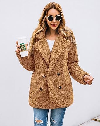 ECOWISH Women's Coat Fleece Jacket Sherpa Fuzzy Faux Shearling Lapel Zipper Casual Winter Warm Ov... | Amazon (US)