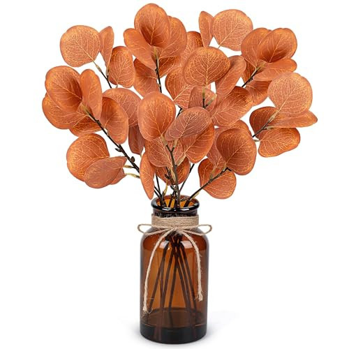 Der Rose 13.5" Fake Plants for Fall Bathroom Decor Autumn Artificial Eucalyptus Stems in Amber Glass Vase with Faux Water for Office Desk Accessories Home Table Fall Centerpiece Decor（Orange） | Amazon (US)
