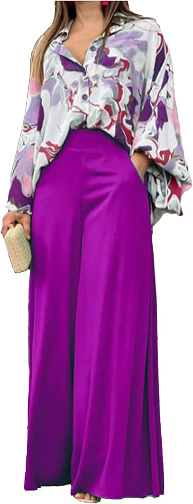 SOMTHRON Conjunto de 2 piezas para mujer con botones, camisa suelta, blusa de pierna ancha, panta... | Amazon (US)