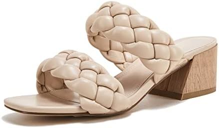 VETASTE Women's Braided Heeled Sandals Square Open Toe Backless Block Heel Double Straps Slip on Lea | Amazon (US)