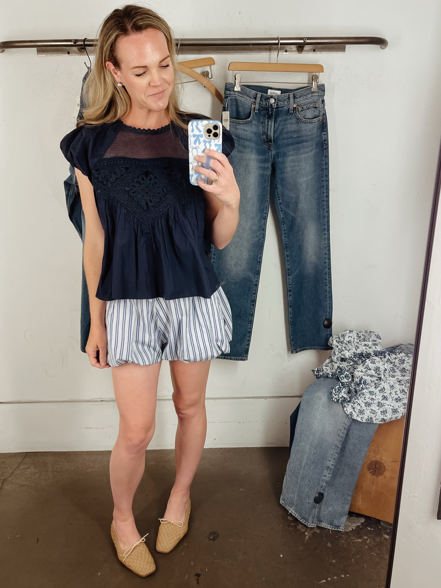 Cute little blue outfit I put together while shopping at Anthro. Top fits TTS, wearing a small. Bubble shorts run big, I sized down to an XS and I they fit perfectly. Shoes are Freda Salvador. 

#LTKOver40 #LTKmomlife #LTKMothersDay
