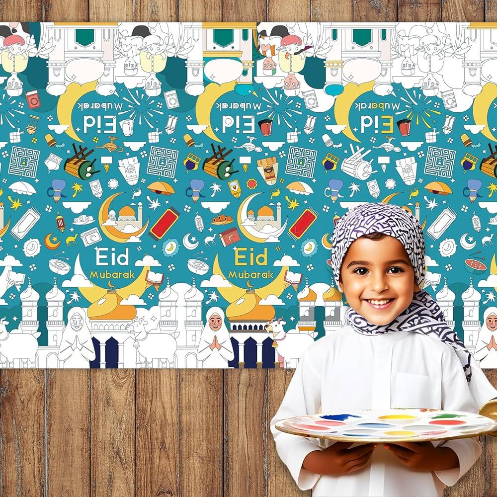 1PC Eid Mubarak Giant Coloring Poster/Tablecloth - Moon Star Latern Crafts for Kids - 108 x 54 In... | Amazon (US)