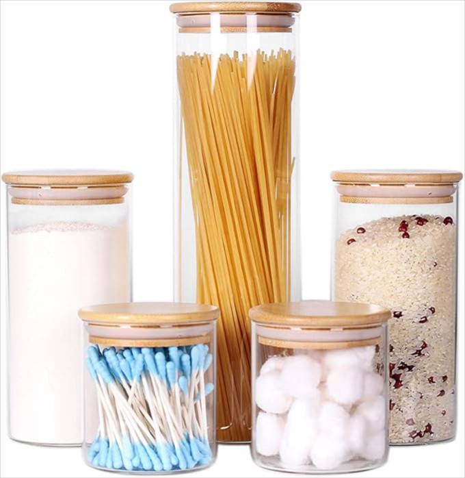 Click for more info about Glass Kitchen Containers with Bamboo Lids, Set of 5 Glass Jars with Airtight Wood Lids for Pantry...