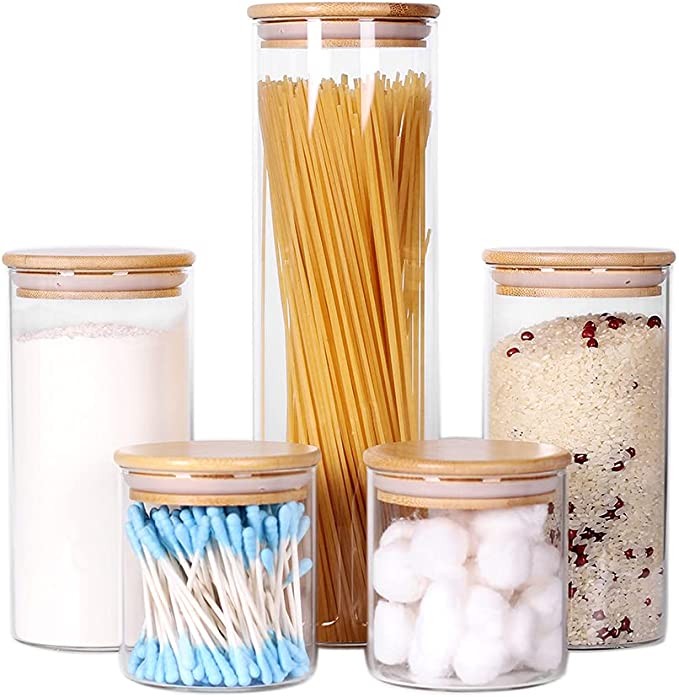 Click for more info about Glass Kitchen Containers with Bamboo Lids, Set of 5 Glass Jars with Airtight Wood Lids for Pantry...