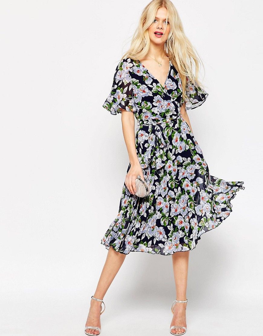 ASOS Pleated Wrap Midi Dress In Floral Print | ASOS UK