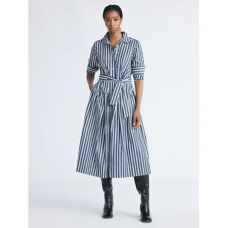 Free Assembly Women s and Women’s Plus Belted Cotton Maxi Shirtdress with Long Sleeves Sizes XS-4X | Walmart (US)