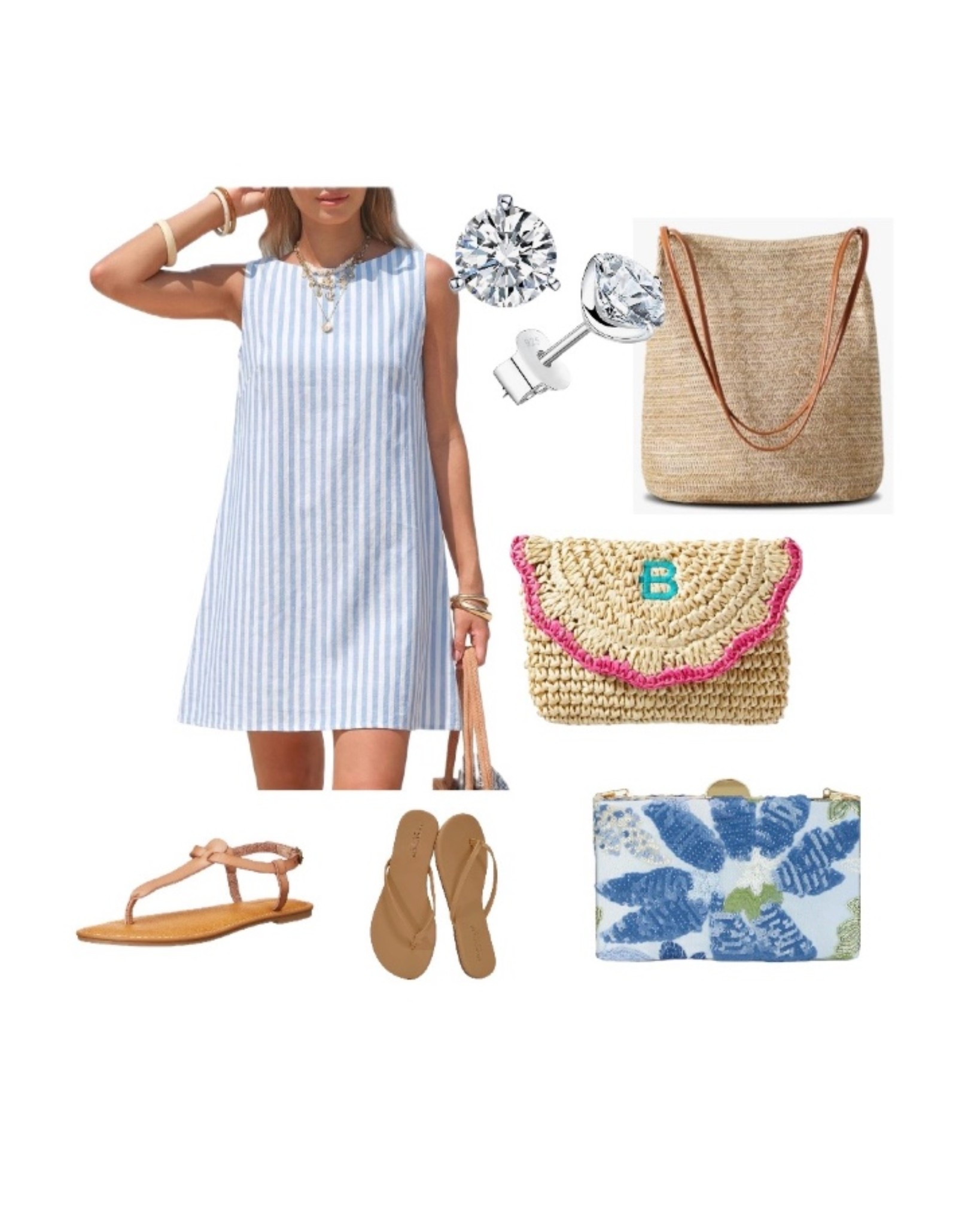This outfit gets you all ready for spring and summer! The striped dress can be worn by itself or with a sweater or jacket. The diamond stud earrings are a classic as well as the tan sandals. And the purses give you a choice between clutch or straw bag🌸

#LTKootd #LTKSaleAlert
