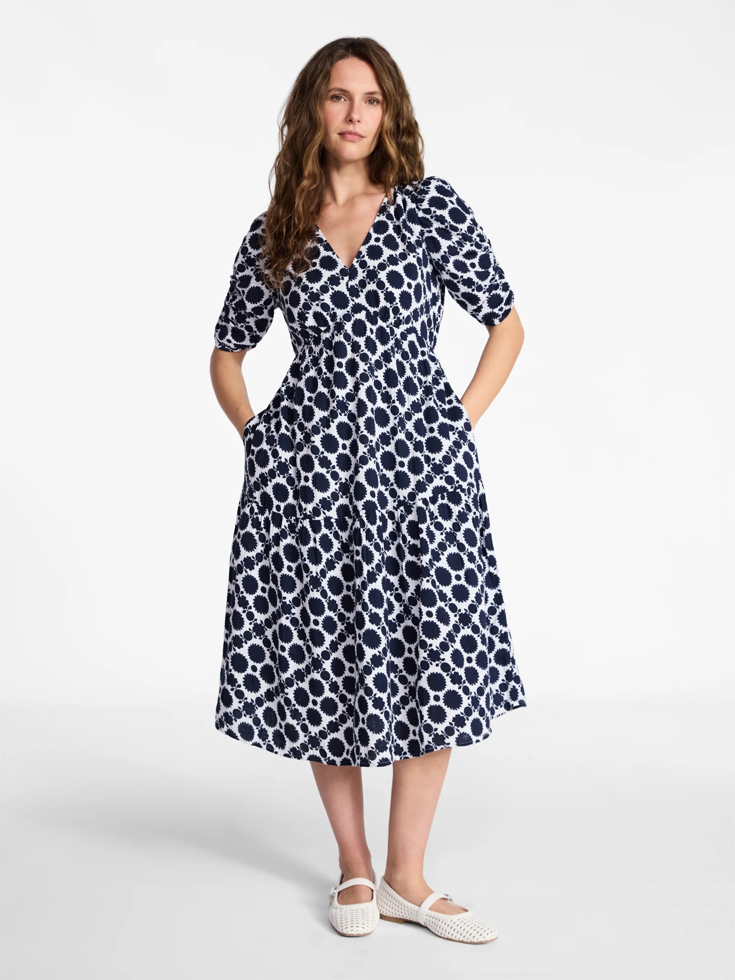 Time and Tru Women's Cotton Tiered Midi Dress with Elbow Length Sleeves, Sizes XS-XXXL | Walmart (US)