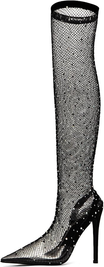 NEWBELLA Women's Rhinestone Mesh Pointed Toe Stiletto Heeled Boots – Sexy Knee High Slip-On Gli... | Amazon (US)