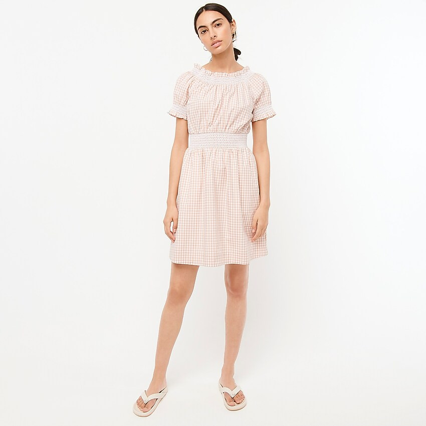 Smocked puff-sleeve cotton poplin dress in gingham | J. Crew US