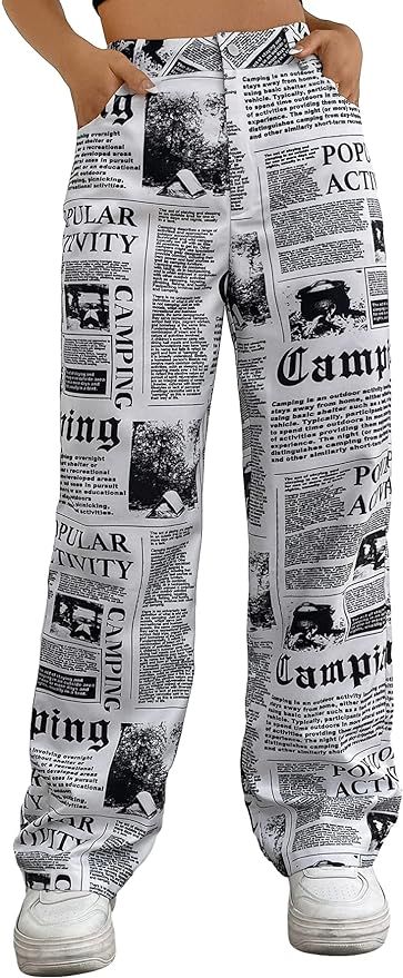 WDIRARA Women's High Waist Newspaper Print Wide Leg Zipper Casual Baggy Funky Pants | Amazon (US)