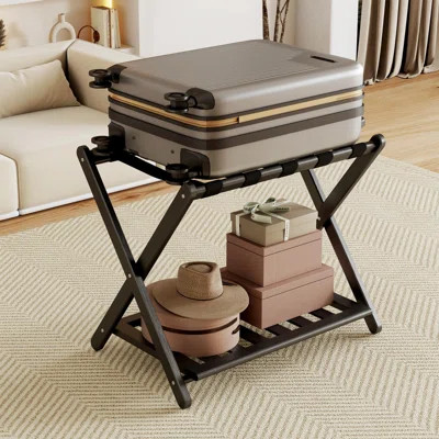 Guest Room/Bedroom/Hotel Black Bamboo Luggage Rack - No Assembly, 5 Nylon Straps, Storage Shelf, Holds 165 Lbs | Wayfair North America