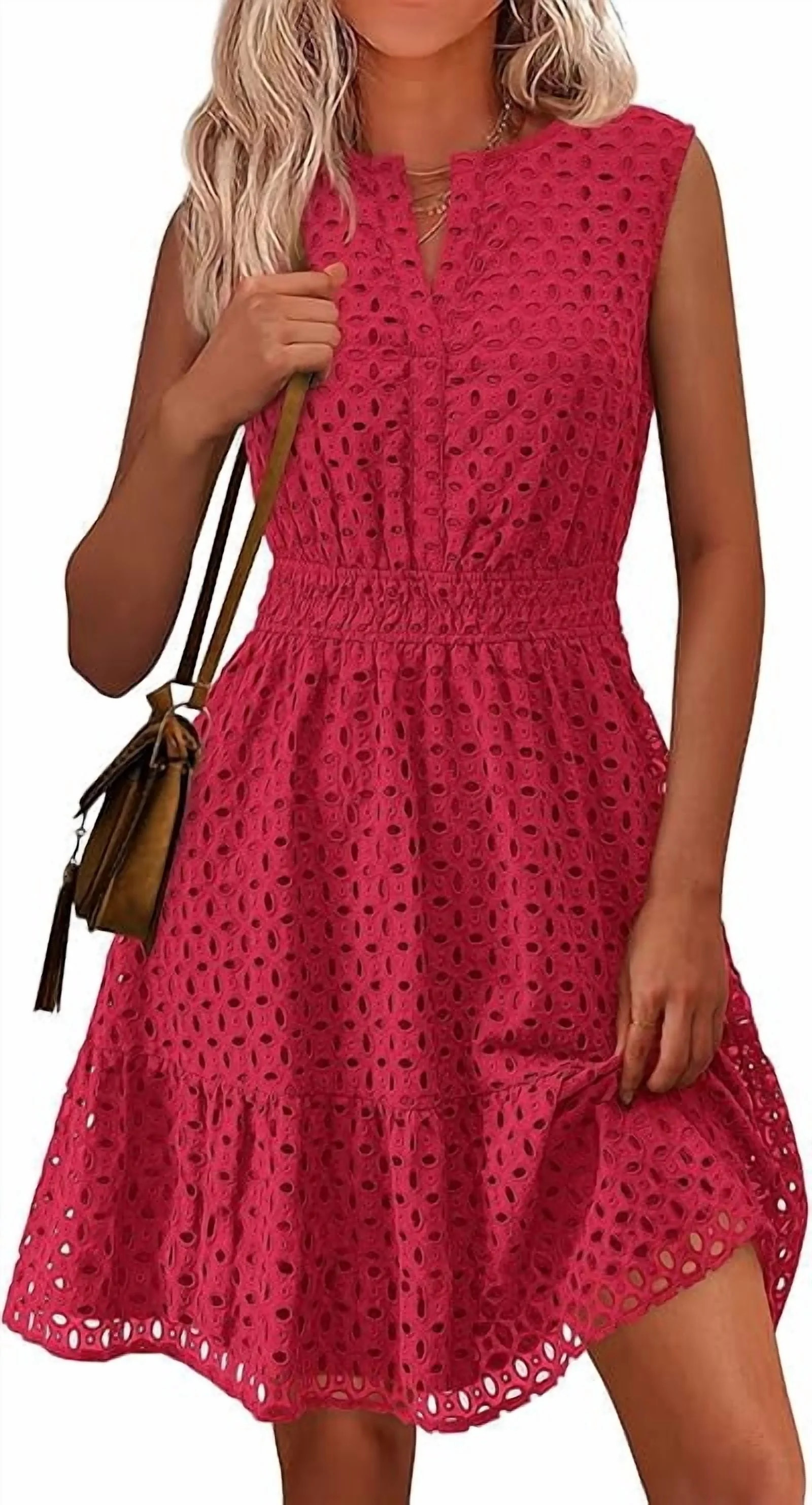 PRETTYGARDEN Women's Summer Dresses Sleeveless V Neck Eyelet Hollow Out Swing A Line Beach Vacati... | Walmart (US)