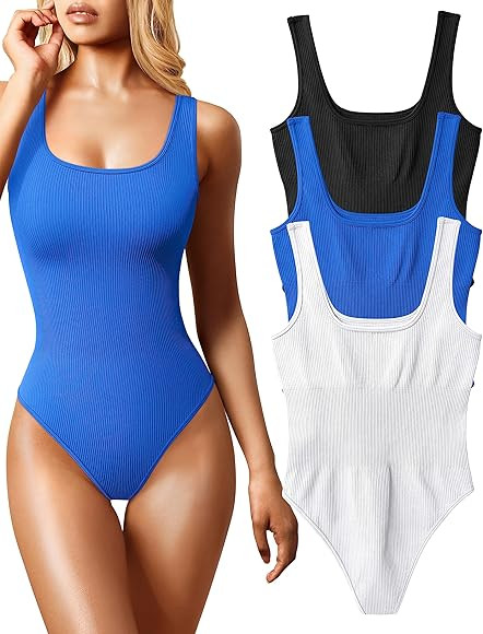 OQQ Women's 3 Piece Bodysuits Sexy Ribbed Sleeveless Square Neck Sleeveless Tank Tops Bodysuits | Amazon (US)