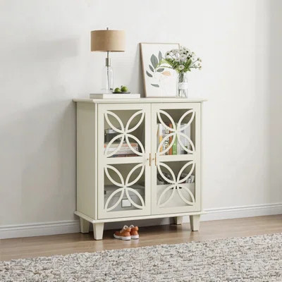 Mid-Century Modern Cream Storage Cabinet - 31.5" Buffet with Tempered Glass Doors, Farmhouse Console for Dining Room & Bathroom | Wayfair North America