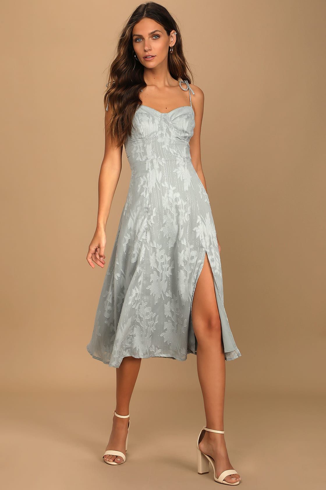 Loveliest Looks Dusty Blue Floral Jacquard Tie-Strap Midi Dress | Lulus